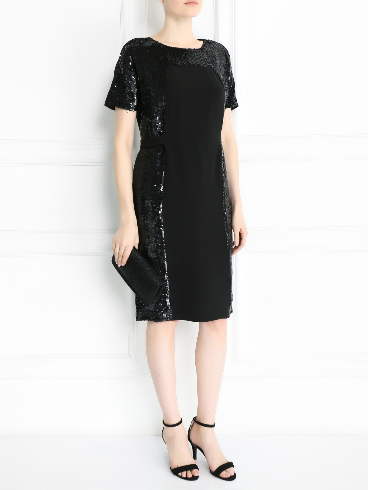Платье-миди из шелка декорированное пайетками Yves Salomon  –  Модель Общий вид  – Цвет:  Черный