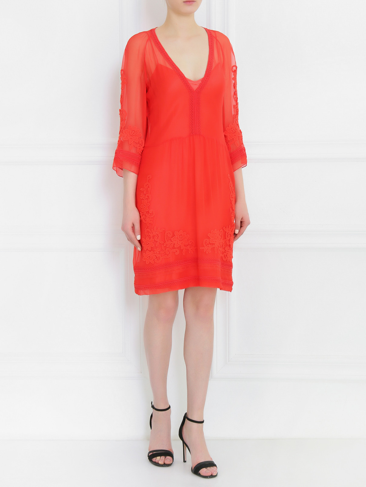 Платье-мини из шелка с вышивкой Alberta Ferretti  –  Модель Общий вид  – Цвет:  Красный
