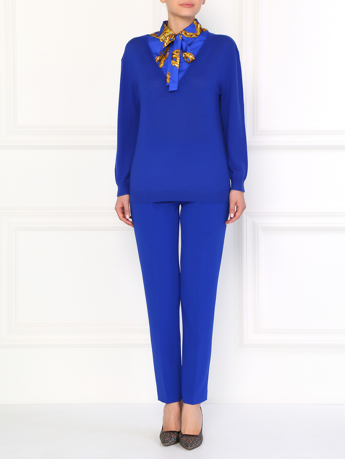 Шерстяной джемпер с вшитой шелковой рубашкой Moschino Boutique  –  Модель Общий вид  – Цвет:  Синий