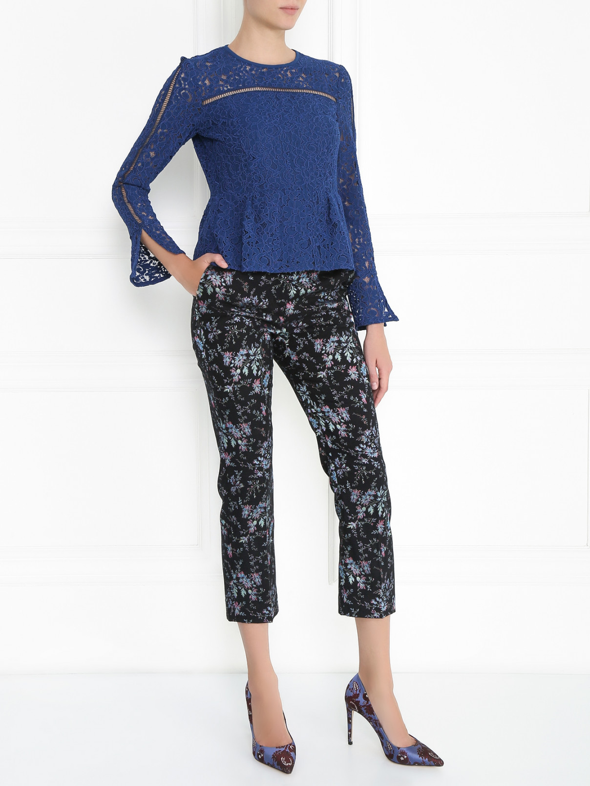Кружевная блуза с баской и длинным рукавом Max&Co  –  Модель Общий вид  – Цвет:  Синий
