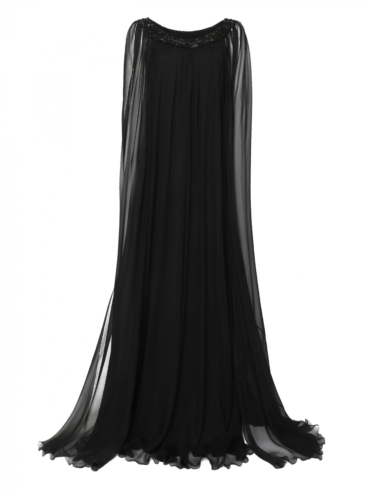 Платье-кейп из шелка с аппликацией из камней на воротонике Alberta Ferretti  –  Общий вид  – Цвет:  Черный