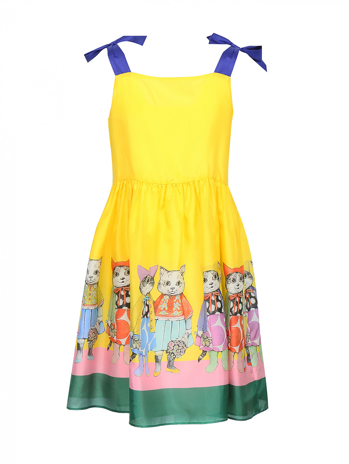 Платье шелковое с узором на юбке Gucci  –  Общий вид  – Цвет:  Мультиколор