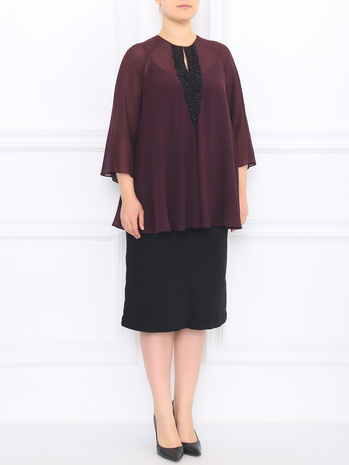 Блуза из шелка декорированная бисером Marina Rinaldi  –  Модель Общий вид  – Цвет:  Фиолетовый