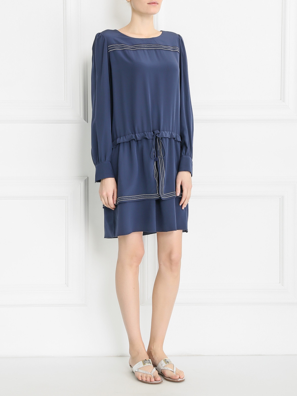 Платье из шелка свободного кроя с контрастной окантовкой See by Chloe  –  Модель Общий вид  – Цвет:  Синий
