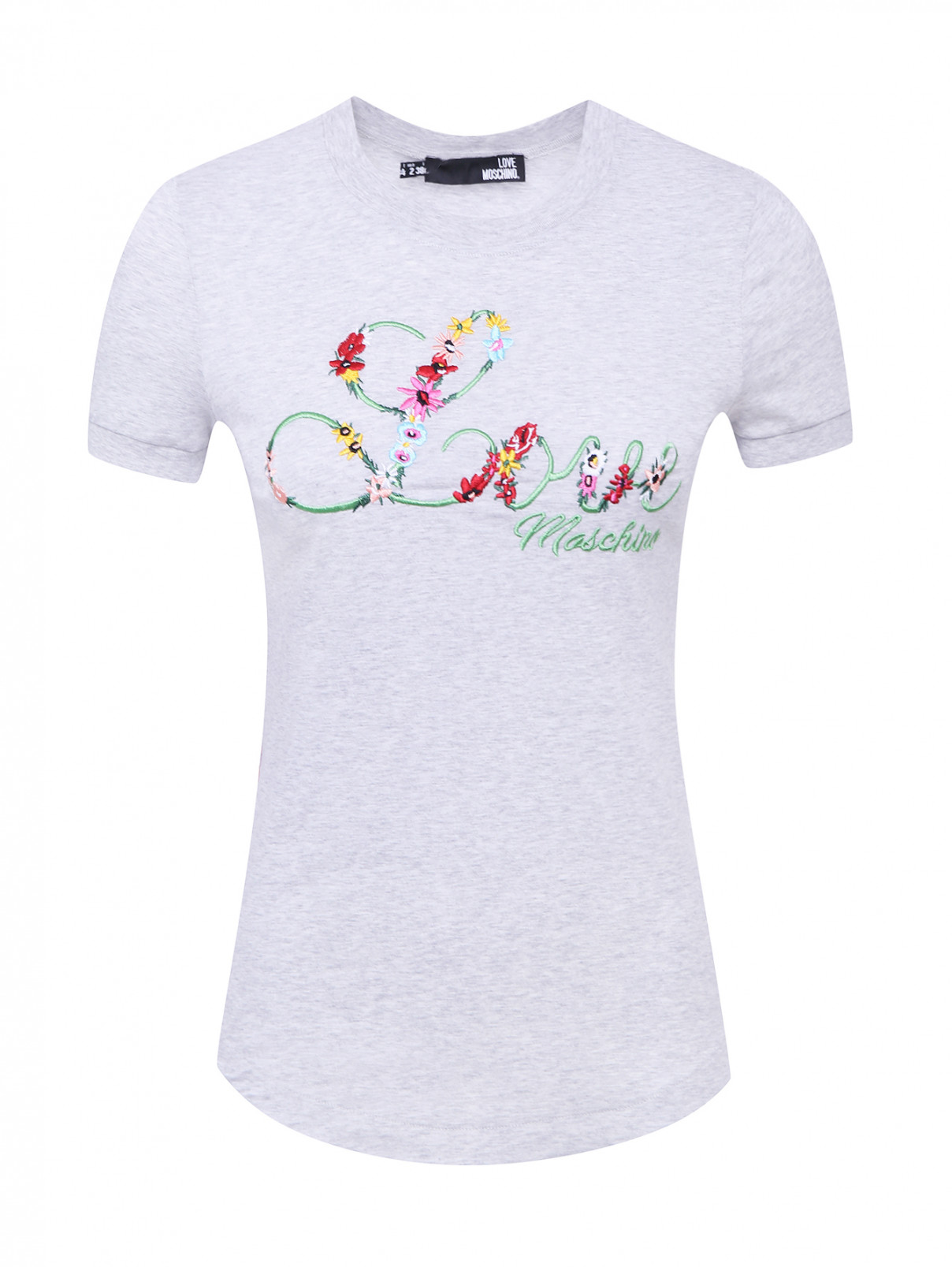 Трикотажная футболка с вышивкой Love Moschino  –  Общий вид  – Цвет:  Серый