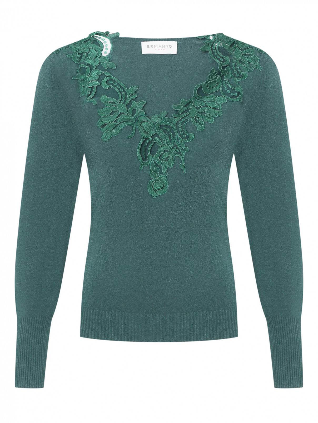 Джемпер мелкой вязки с вышивкой Ermanno Firenze  –  Общий вид  – Цвет:  Зеленый