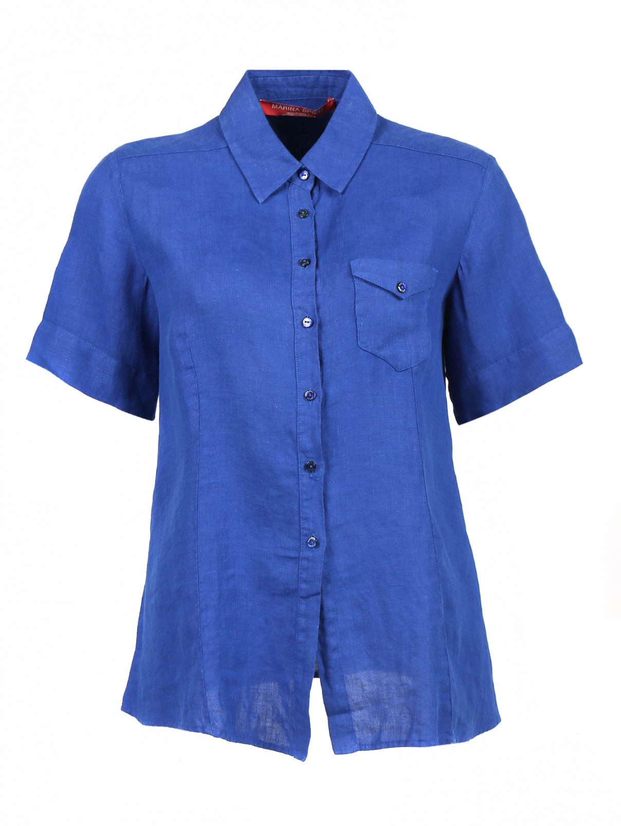 Льняная блуза с накладным карманом Marina Sport  –  Общий вид  – Цвет:  Синий