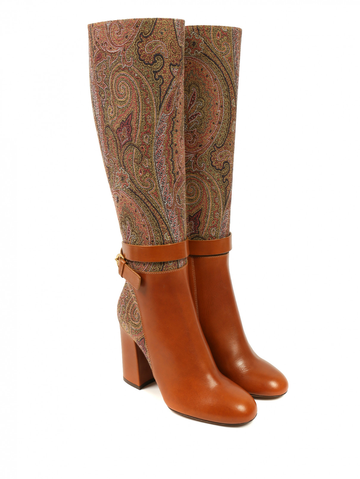 Кожаные сапоги на устойчивом каблуке с узором "пейсли" Etro  –  Общий вид  – Цвет:  Коричневый