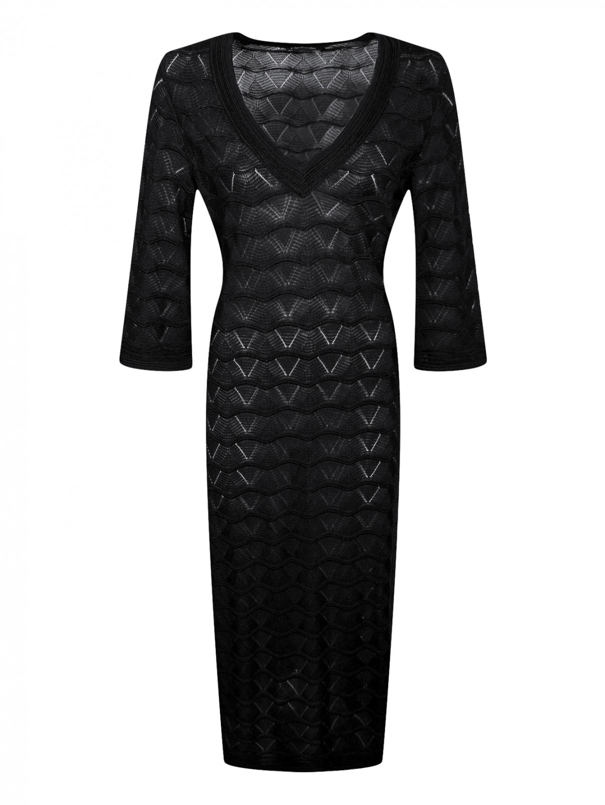 Трикотажное платье с ажурным узором Marina Rinaldi  –  Общий вид  – Цвет:  Черный