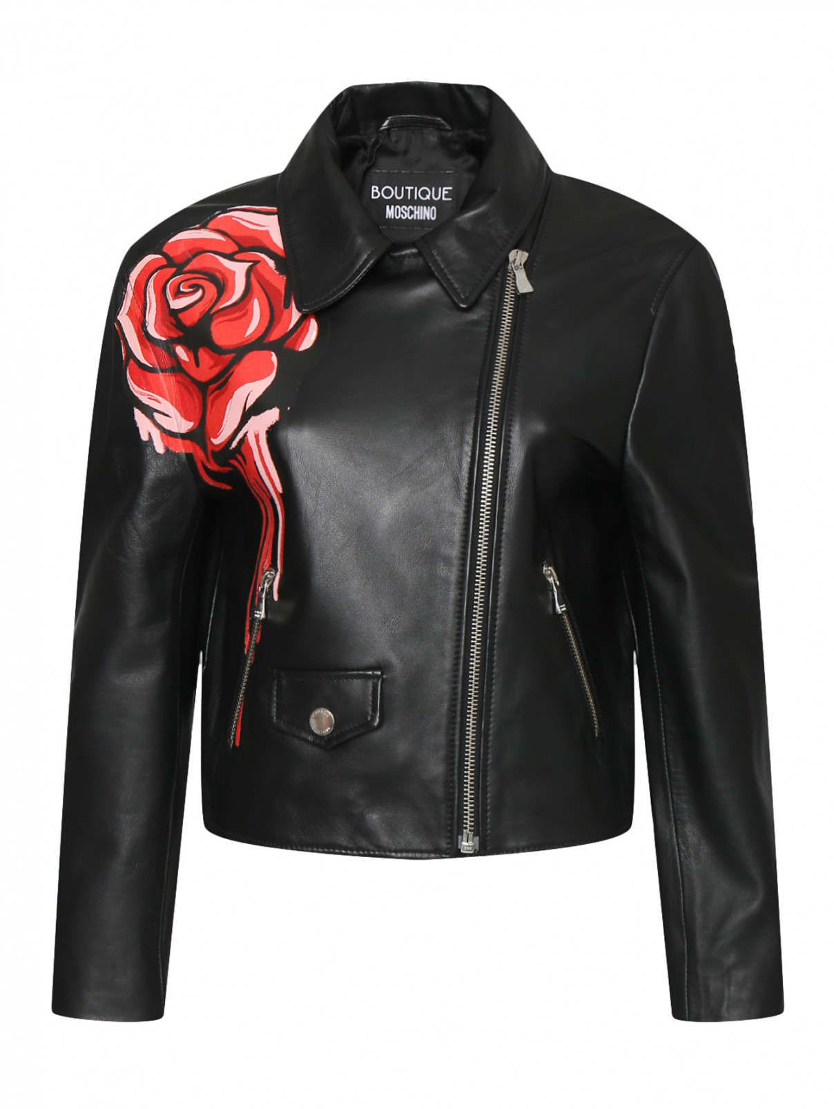Кожаная куртка на молнии с цветочным принтом Moschino Boutique  –  Общий вид  – Цвет:  Черный