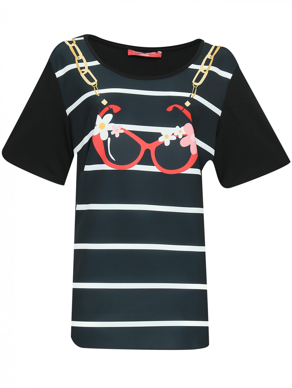 Комбинированная футболка с узором Marina Rinaldi  –  Общий вид  – Цвет:  Черный