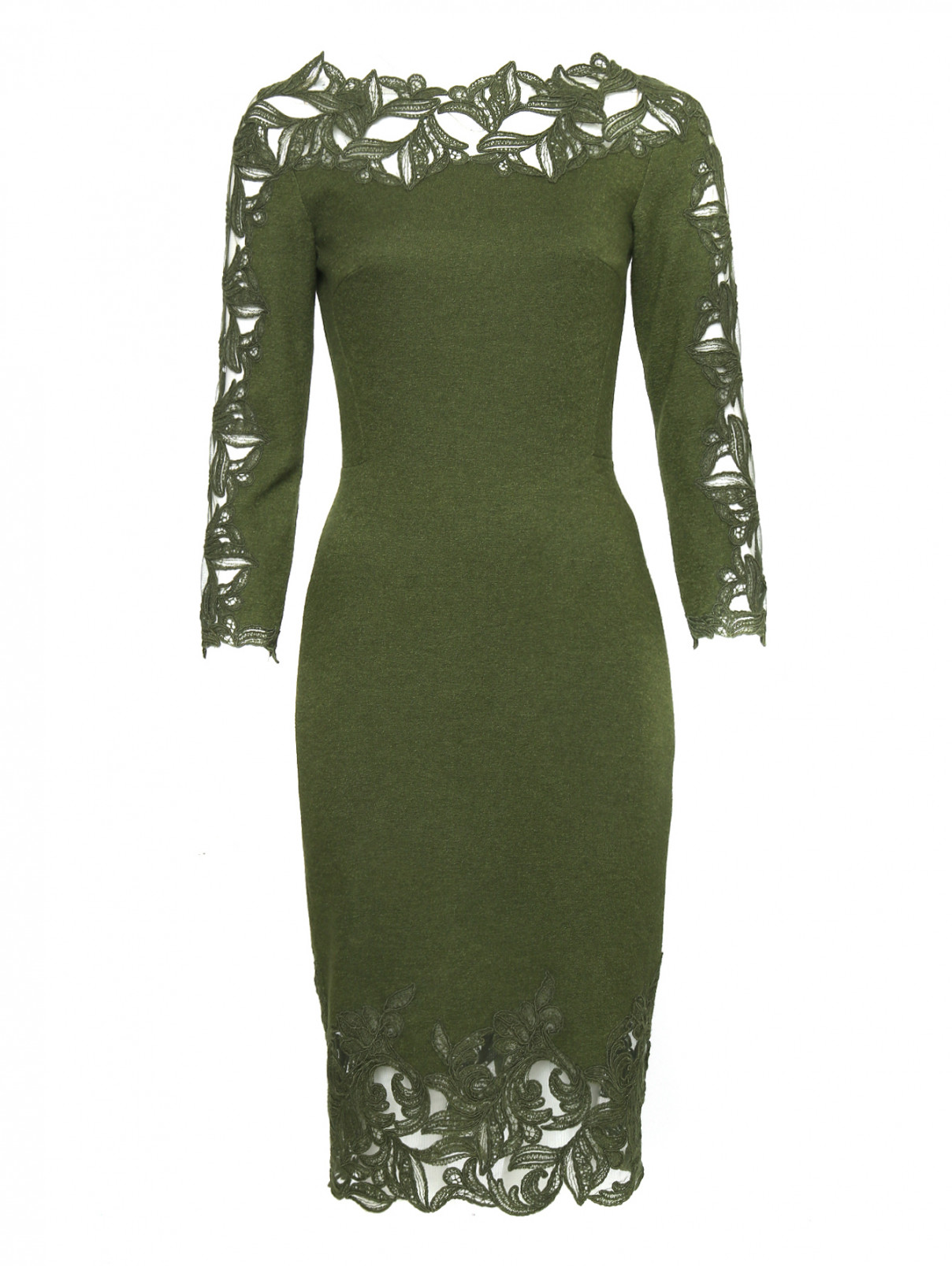 Платье из шерсти, шелка и кашемира с кружевом Ermanno Scervino  –  Общий вид  – Цвет:  Зеленый
