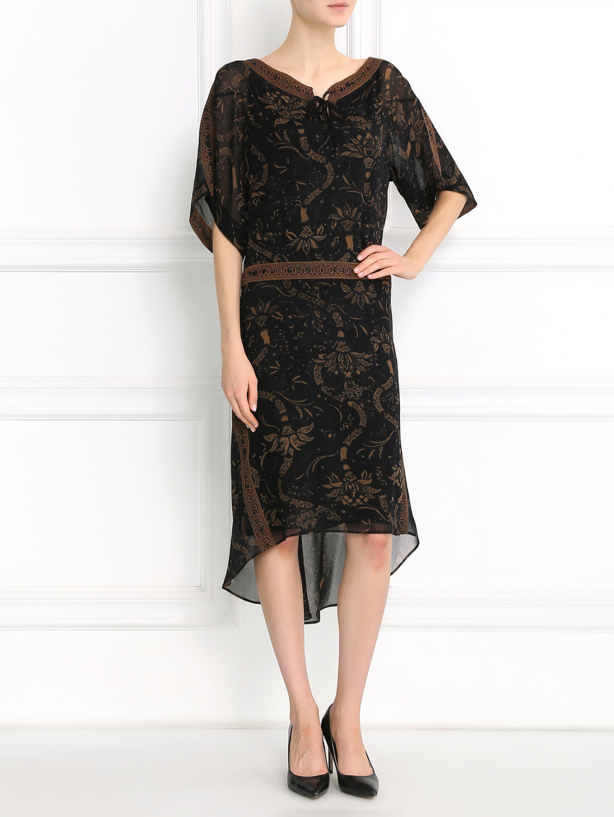 Платье-миди из шелка с асимметричным подолом Barbara Bui  –  Модель Общий вид  – Цвет:  Узор