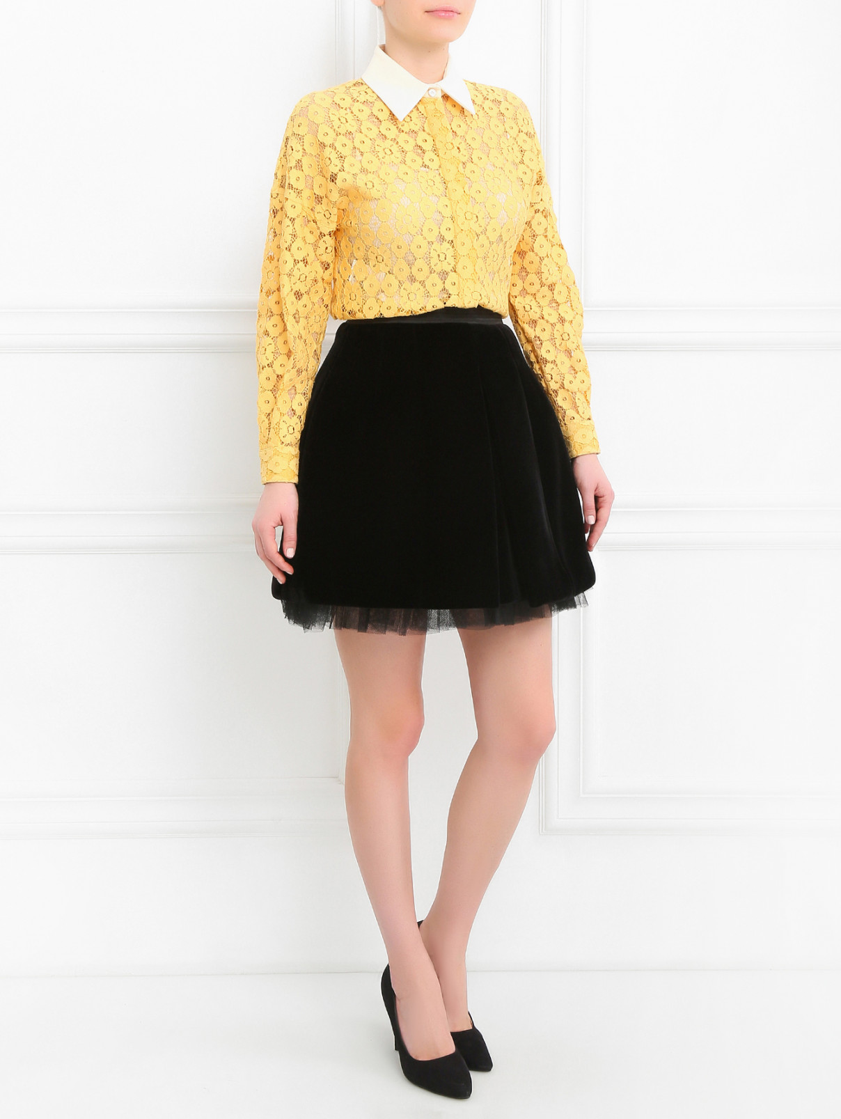 Блуза из кружева с контрастным воротником Moschino  –  Модель Общий вид  – Цвет:  Желтый