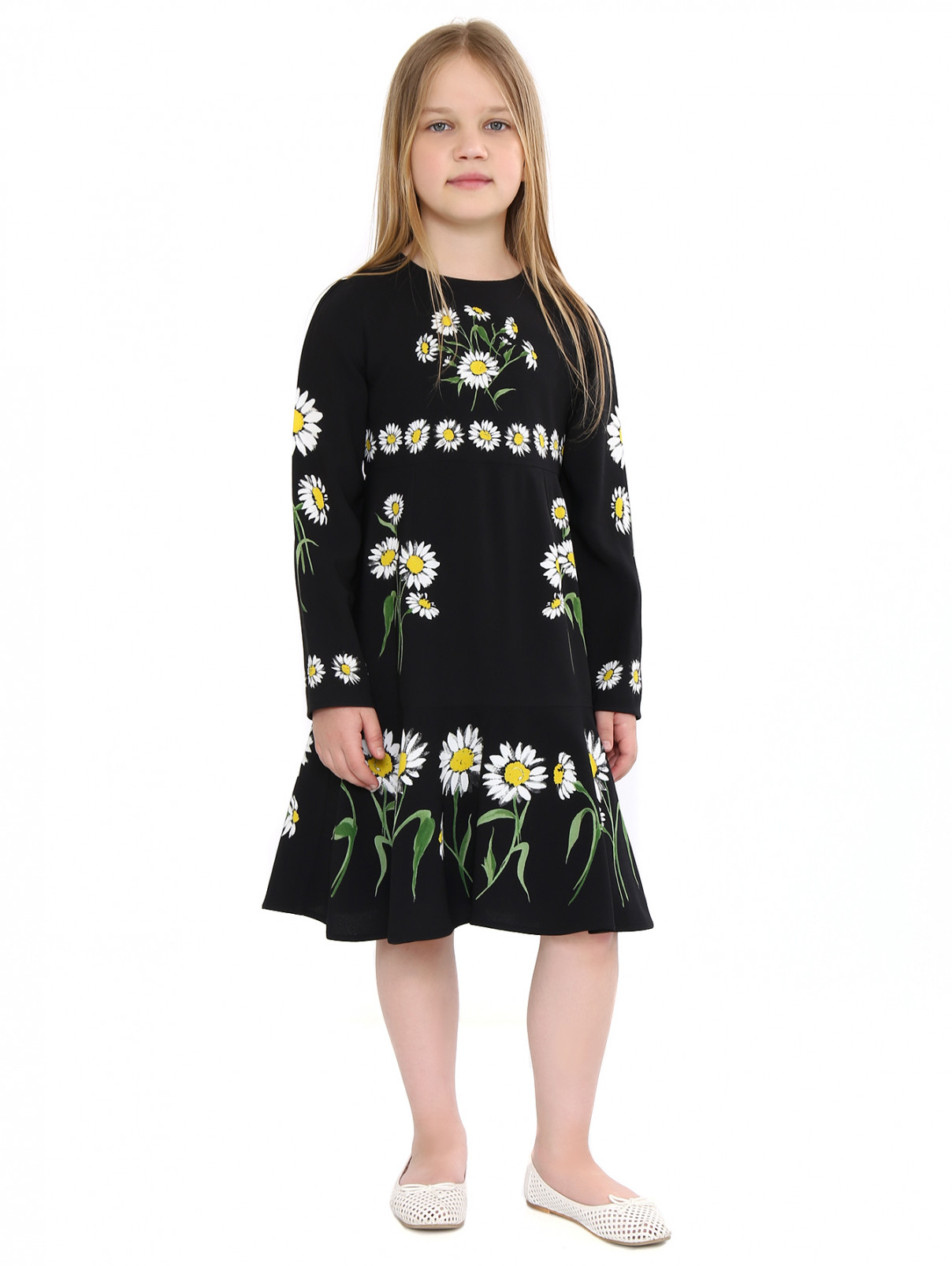 Платье с рюшами и цветочным принтом Dolce & Gabbana  –  Модель Общий вид  – Цвет:  Черный
