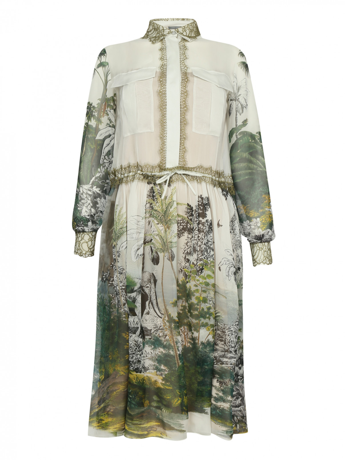 Платье из шелка с узором и кружевной отделкой Alberta Ferretti  –  Общий вид  – Цвет:  Узор