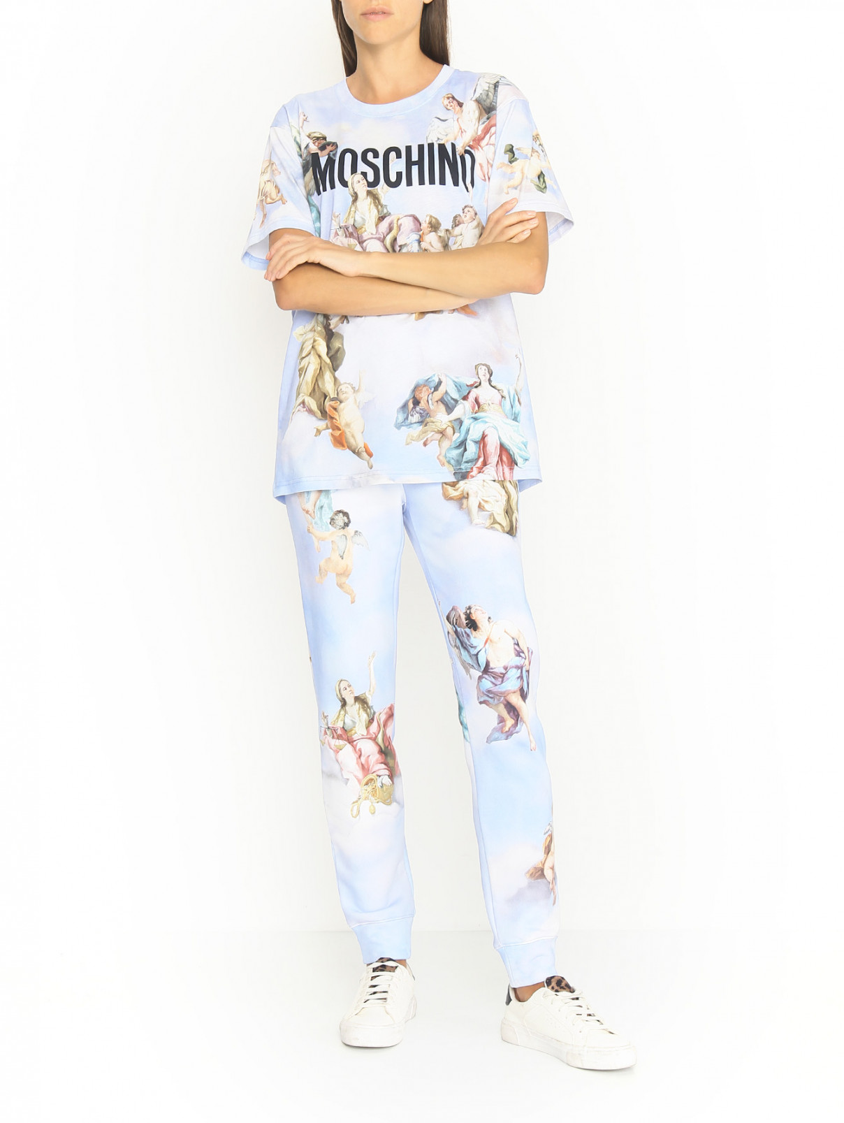 Трикотажные брюки из хлопка с узором Moschino  –  МодельОбщийВид  – Цвет:  Синий
