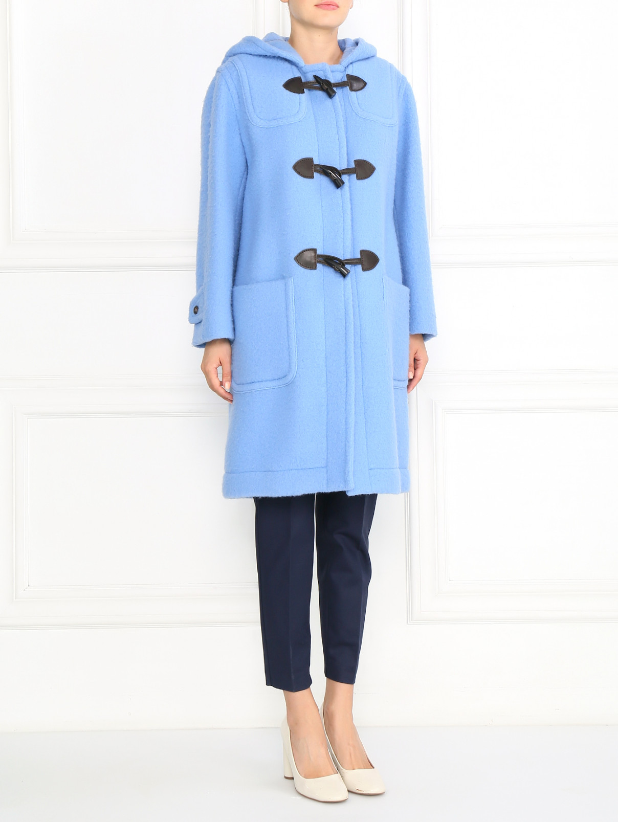 Пальто из шерсти с капюшоном и декоративными пуговицами Moschino Couture  –  Модель Общий вид  – Цвет:  Синий