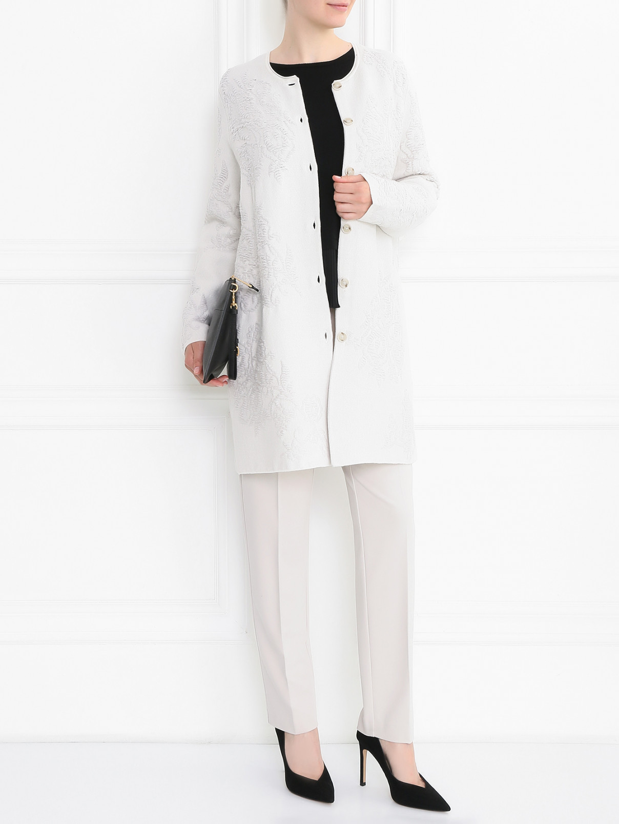 Трикотажное пальто из смесовой шерсти с декоративной отделкой Voyage by Marina Rinaldi  –  Модель Общий вид  – Цвет:  Белый