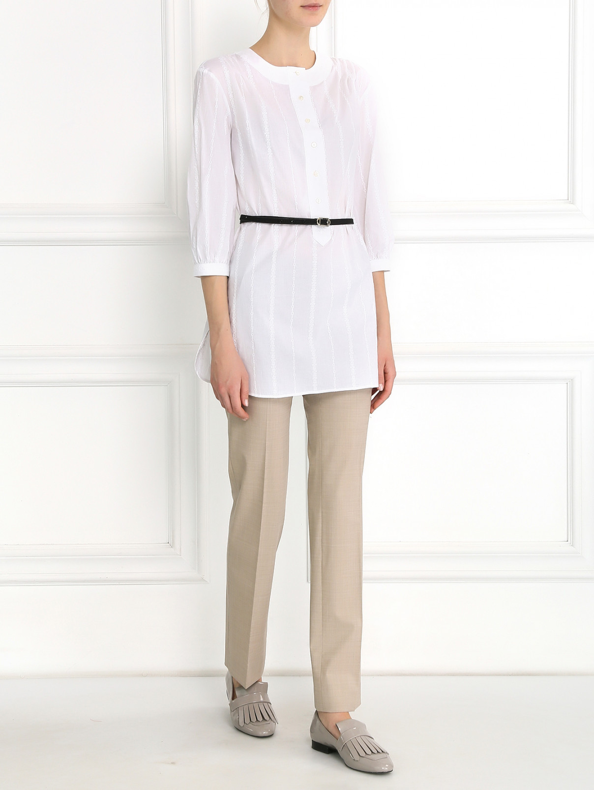 Удлиненная блуза из хлопка с вышивкой Brooks Brothers  –  Модель Общий вид  – Цвет:  Белый