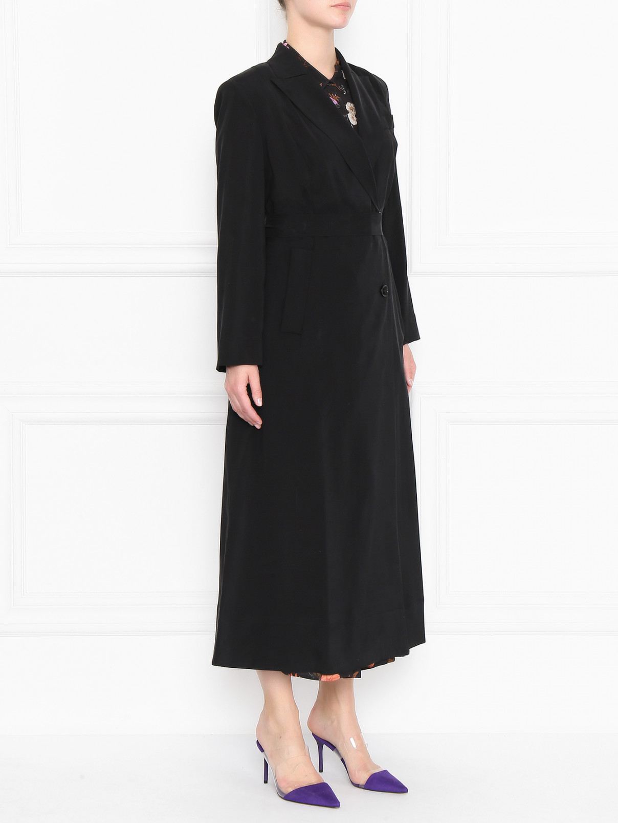 Пальто из вискозы на пуговицах с карманами Marina Rinaldi  –  МодельВерхНиз  – Цвет:  Черный