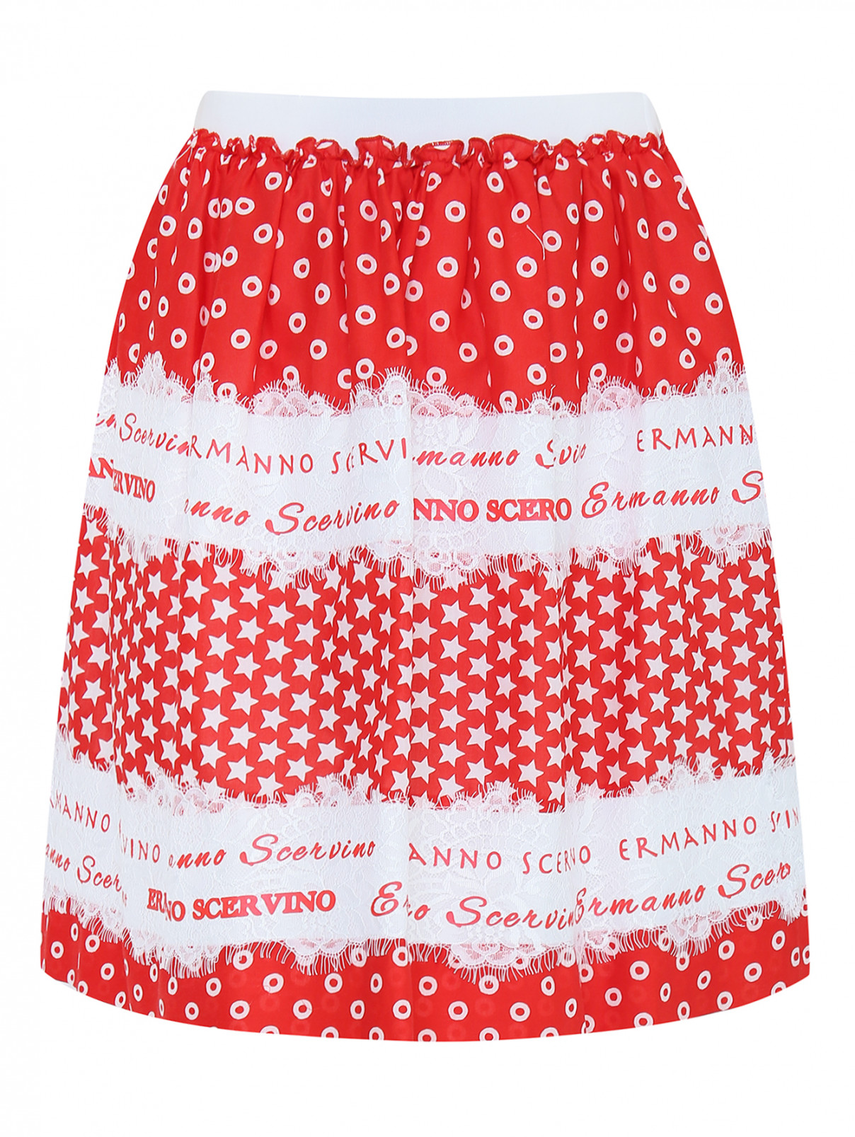 Юбка хлопковая с кружевным декором Ermanno Scervino Junior  –  Общий вид  – Цвет:  Красный