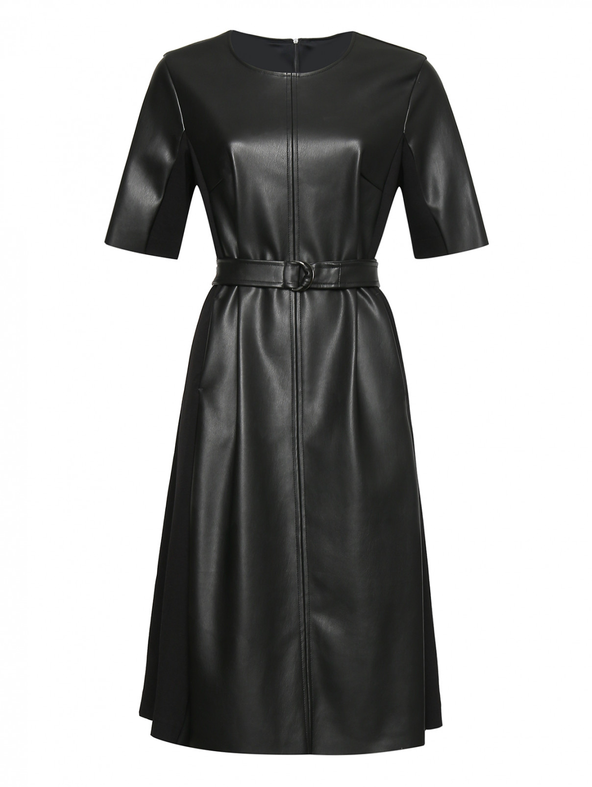 Комбинированное платье из эко-кожи с поясом Persona by Marina Rinaldi  –  Общий вид  – Цвет:  Черный