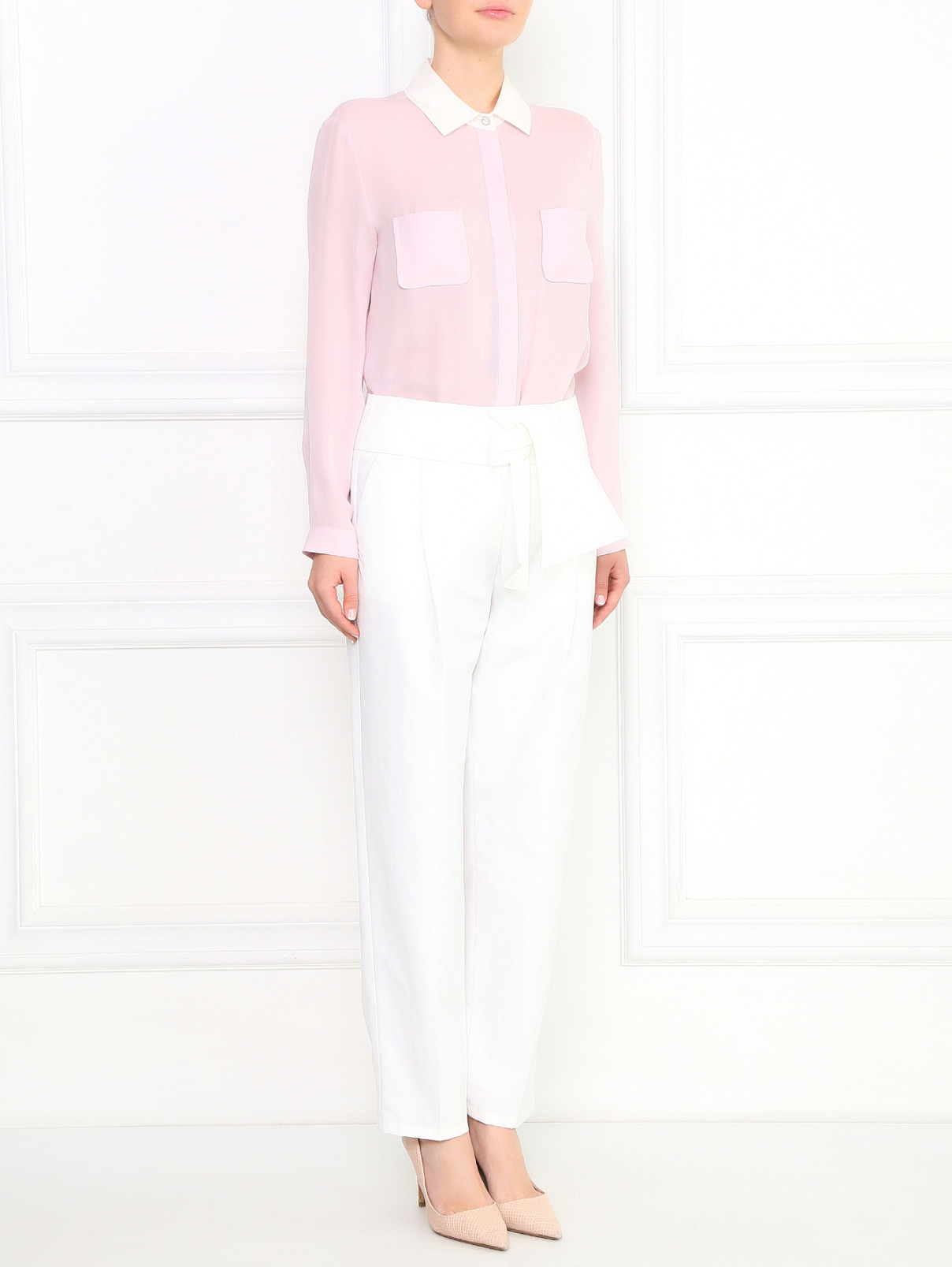 Свободные укороченные брюки с декоративным бантом Emporio Armani  –  Модель Общий вид  – Цвет:  Белый