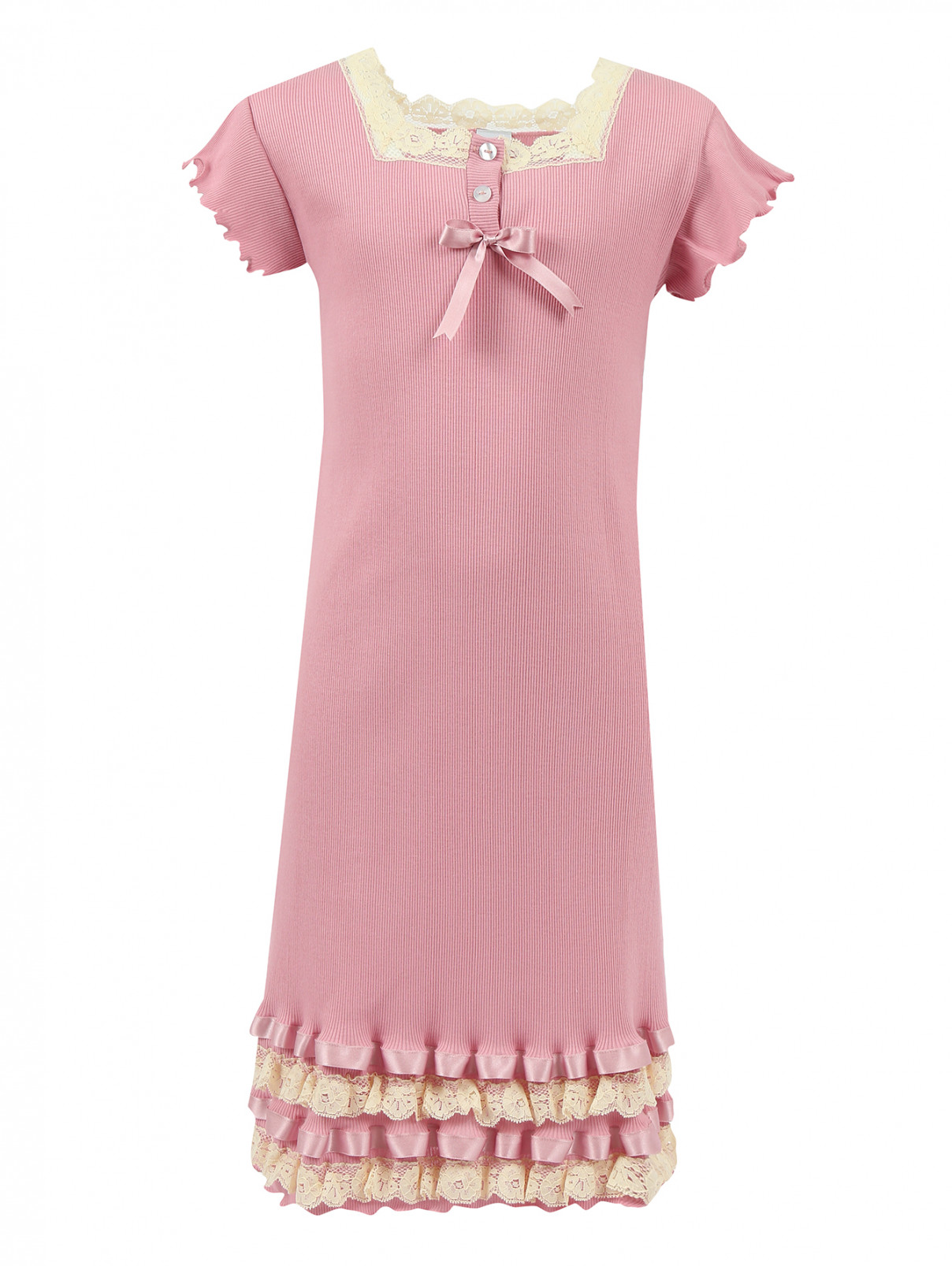 Сорочка из хлопка декорированная кружевом и атласными лентами Giottino  –  Общий вид  – Цвет:  Розовый