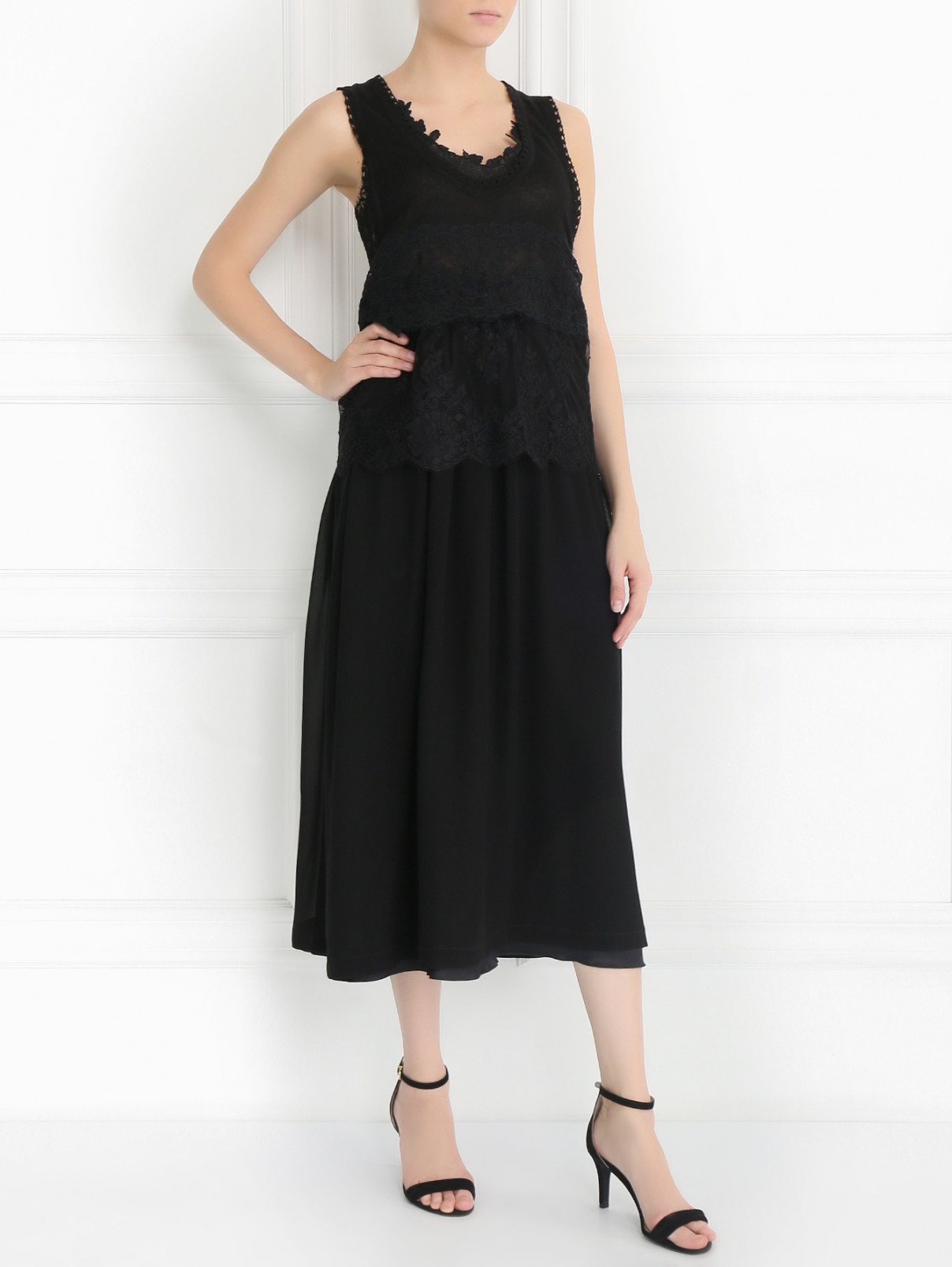 Платье-макси из шелка с кружевными вставками Ermanno Scervino  –  Модель Общий вид  – Цвет:  Черный