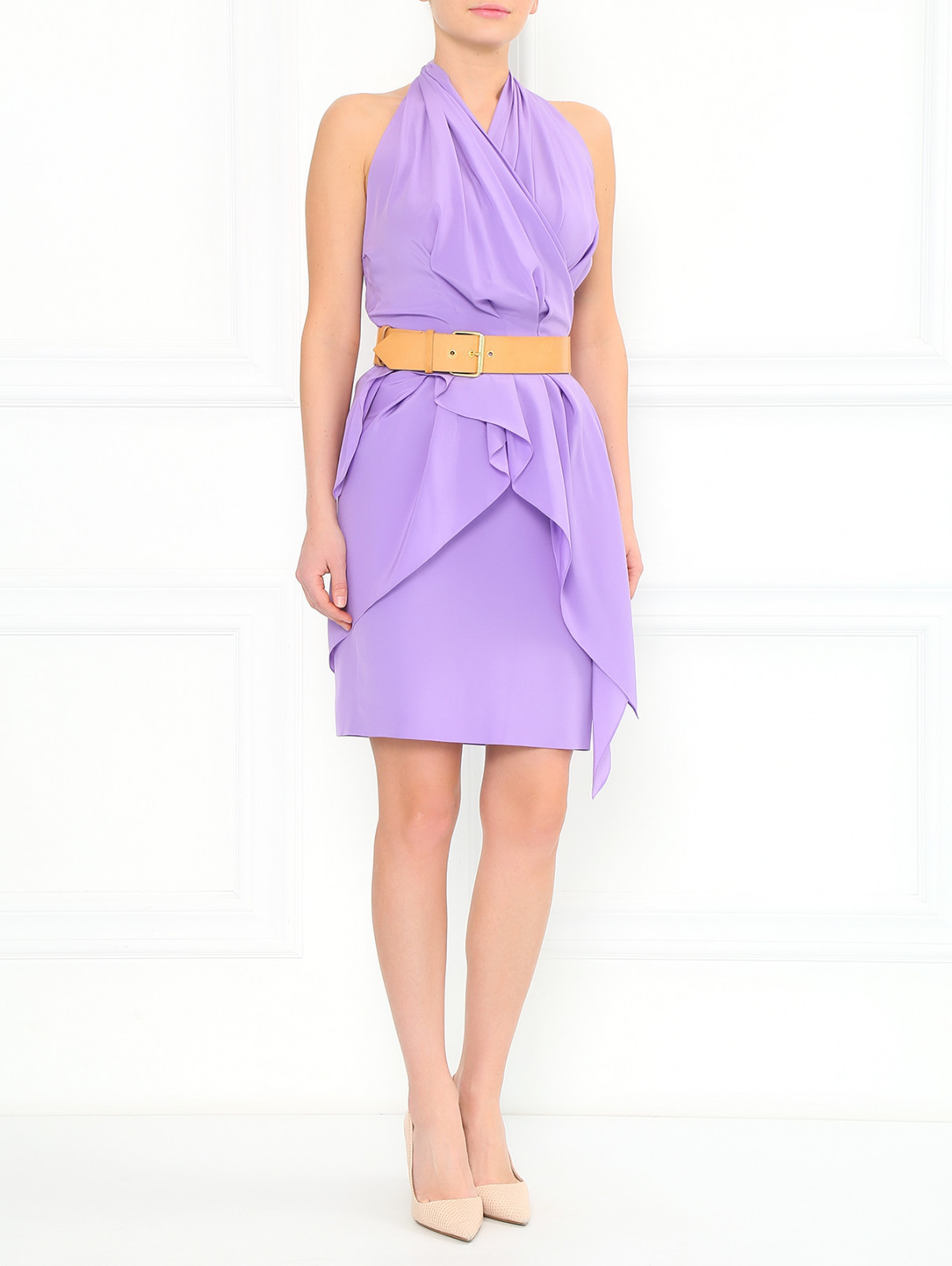 Шелковое платье с драпировкой и кожаным ремнем Moschino  –  Модель Общий вид  – Цвет:  Фиолетовый