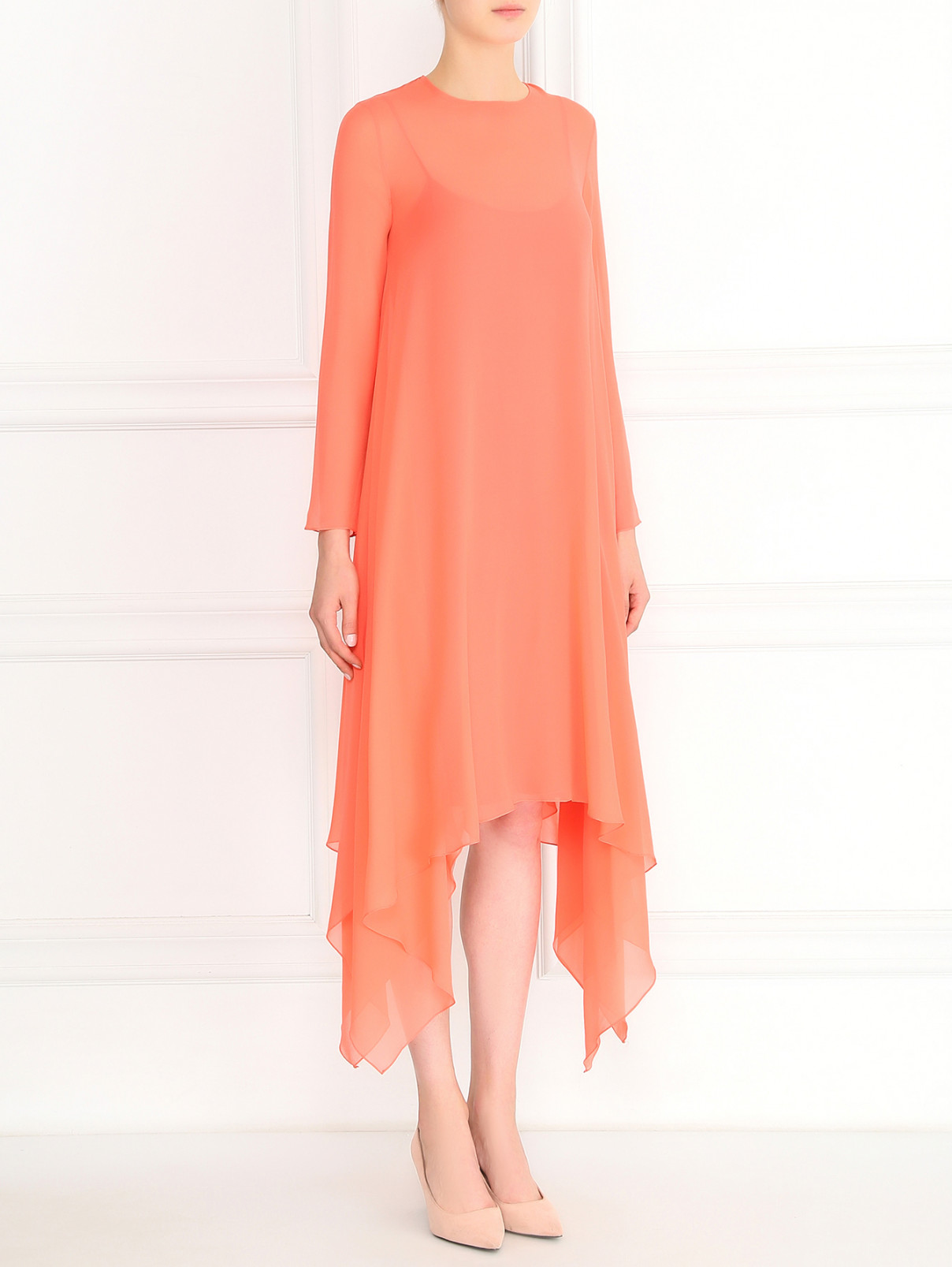 Свободное платье из шелка с длинными рукавами Pianoforte  –  Модель Общий вид  – Цвет:  Оранжевый