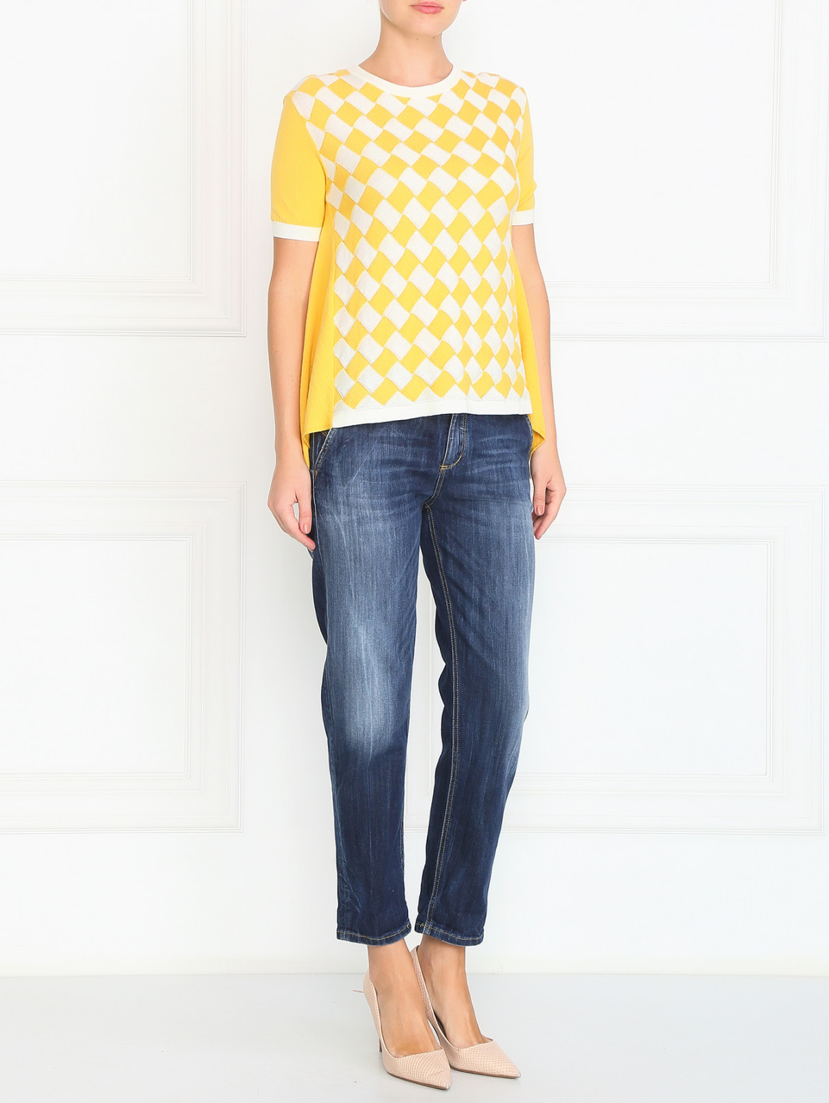 Джемпер с короткими рукавами и геометрическим узором Moschino Cheap&Chic  –  Модель Общий вид  – Цвет:  Желтый