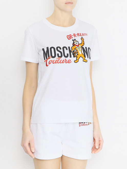 Футболка из хлопка с принтом и вышивкой Moschino - МодельВерхНиз