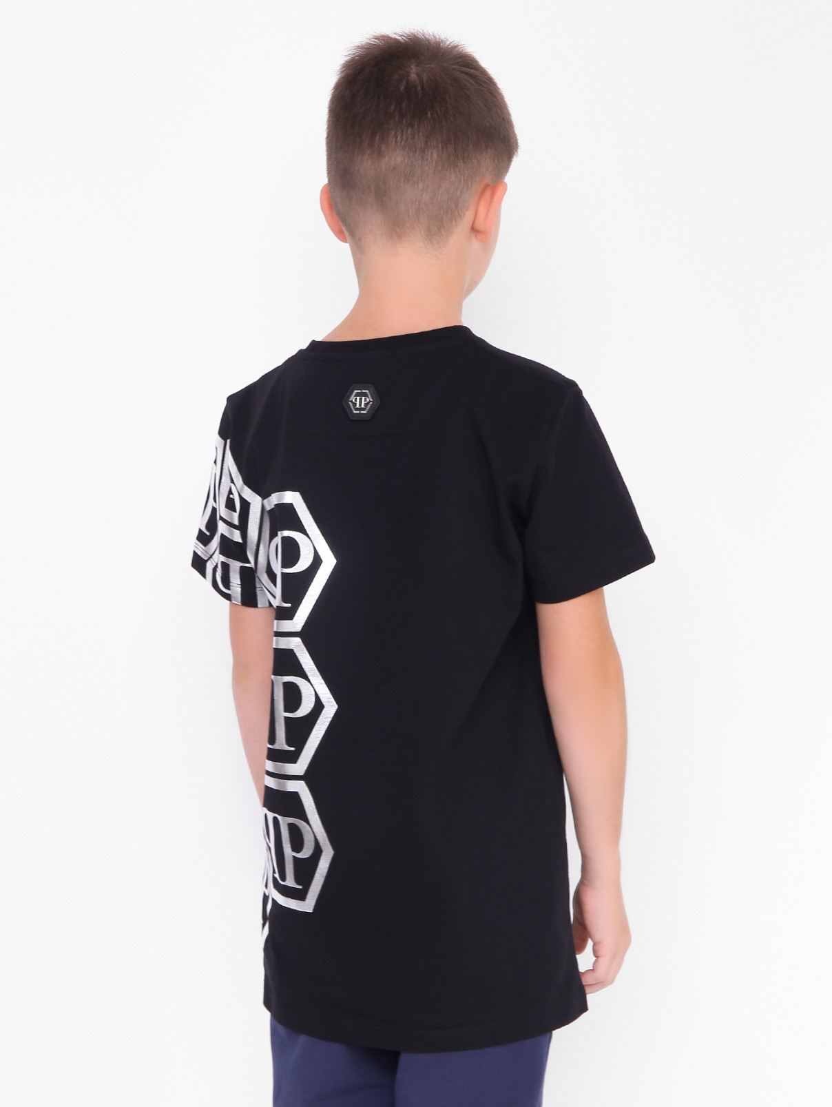 Хлопковая футболка с металлизированным принтом Philipp Plein  –  МодельВерхНиз1  – Цвет:  Черный