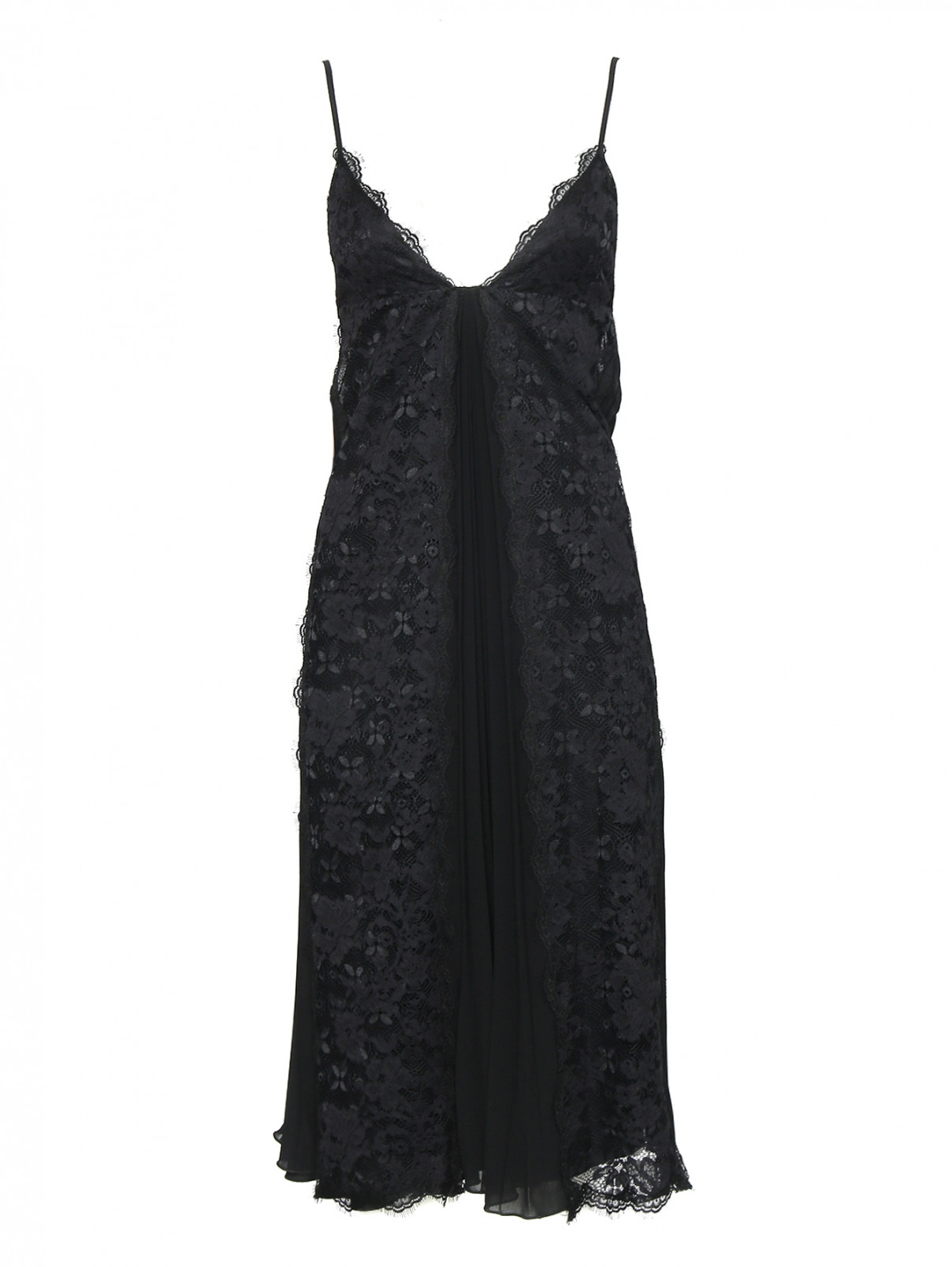 Плиссированное платье с кружевной отделкой на тонких бретелях Ermanno Firenze  –  Общий вид  – Цвет:  Черный