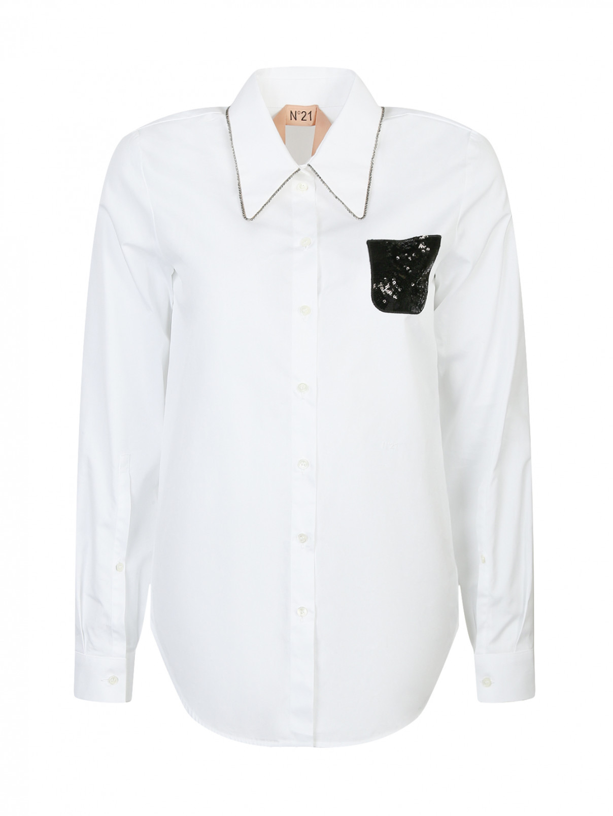 Рубашка из хлопка декорированная стразами N21  –  Общий вид  – Цвет:  Белый