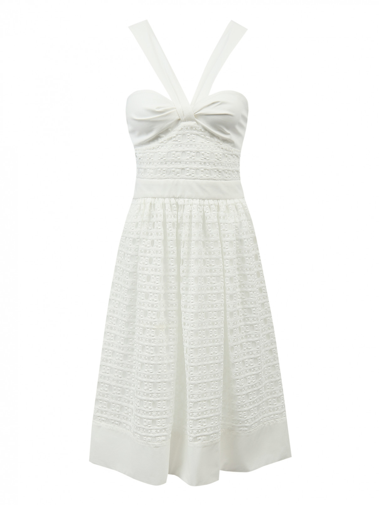 Платье- мини из перфорированной ткани на бретелях Moschino Boutique  –  Общий вид  – Цвет:  Белый