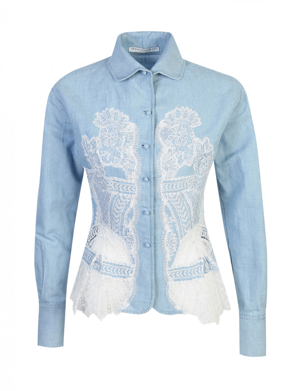 Блуза из хлопка и льна с кружевом Ermanno Scervino  –  Общий вид  – Цвет:  Синий