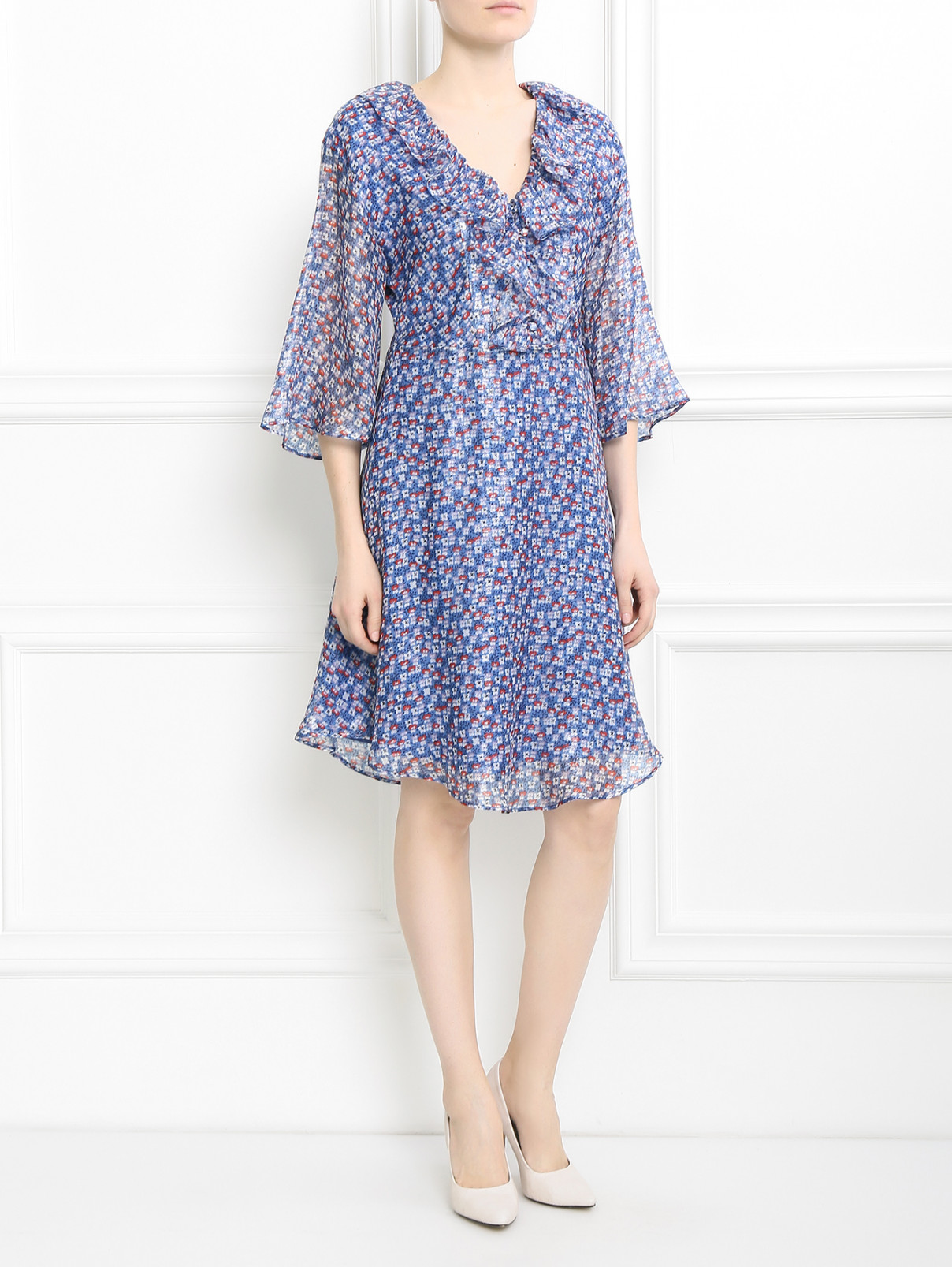 Платье-миди из шелка с цветочным узором Paul&Joe  –  Модель Общий вид  – Цвет:  Синий