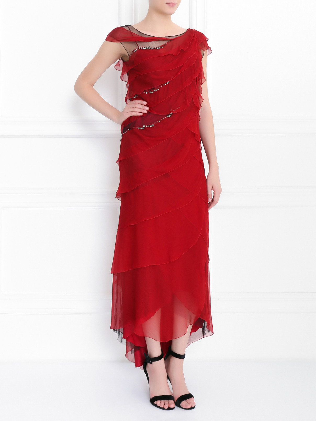 Платье-макси из шелка декорированное кристаллами Alberta Ferretti  –  Модель Общий вид  – Цвет:  Красный