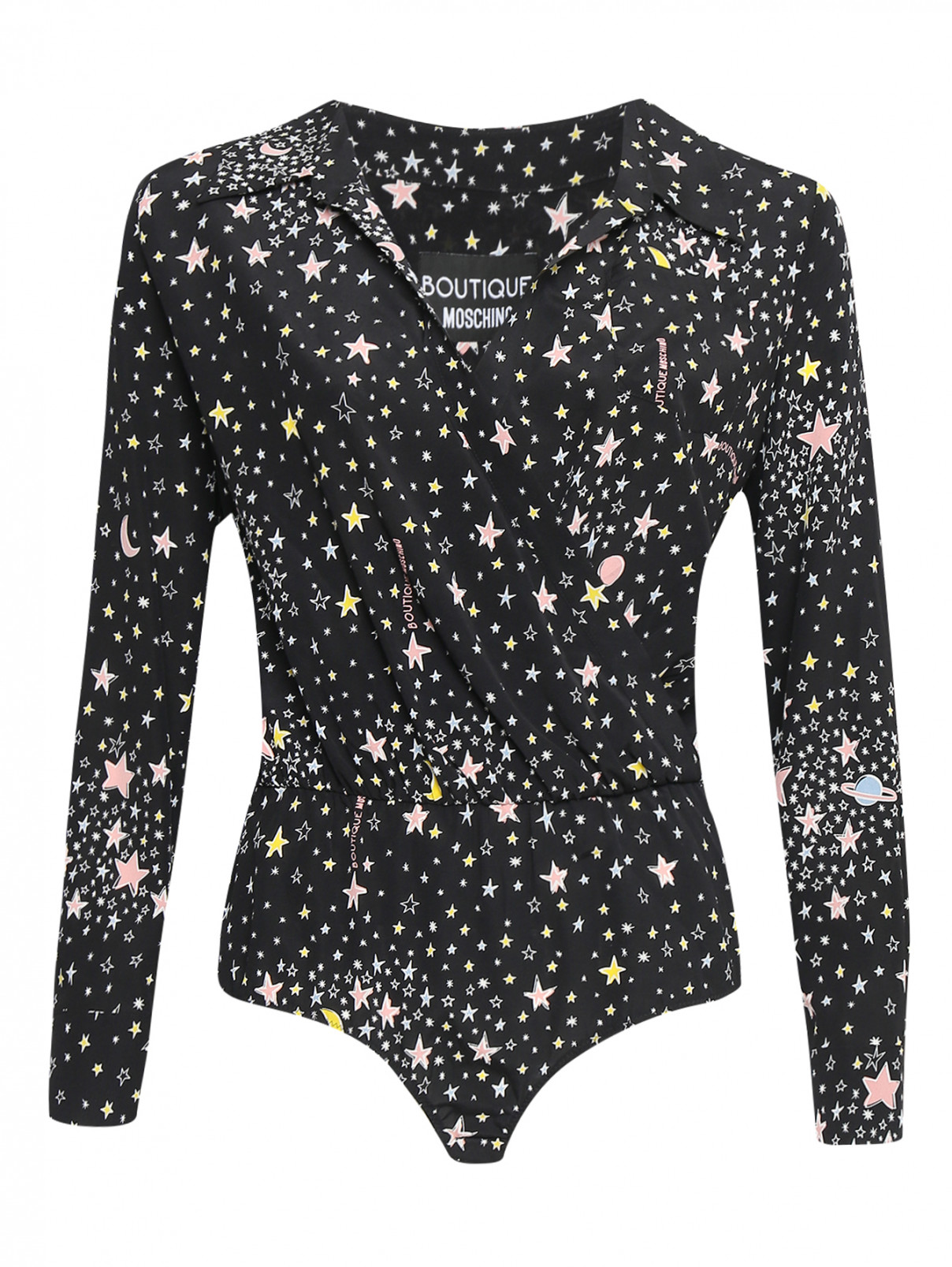 Блуза-боди из шелка с узором BOUTIQUE MOSCHINO  –  Общий вид  – Цвет:  Черный