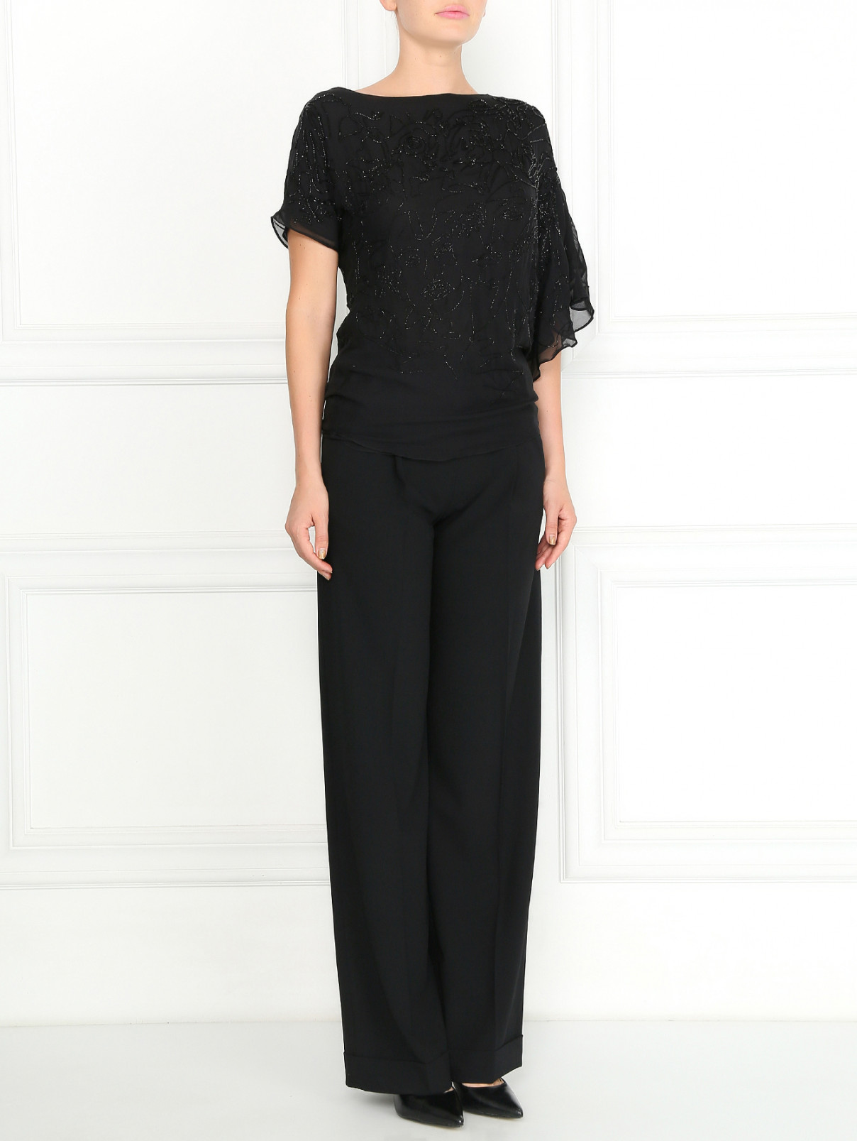 Блуза из шелка асимметричного кроя декорированная бисером Jean Paul Gaultier  –  Модель Общий вид  – Цвет:  Черный
