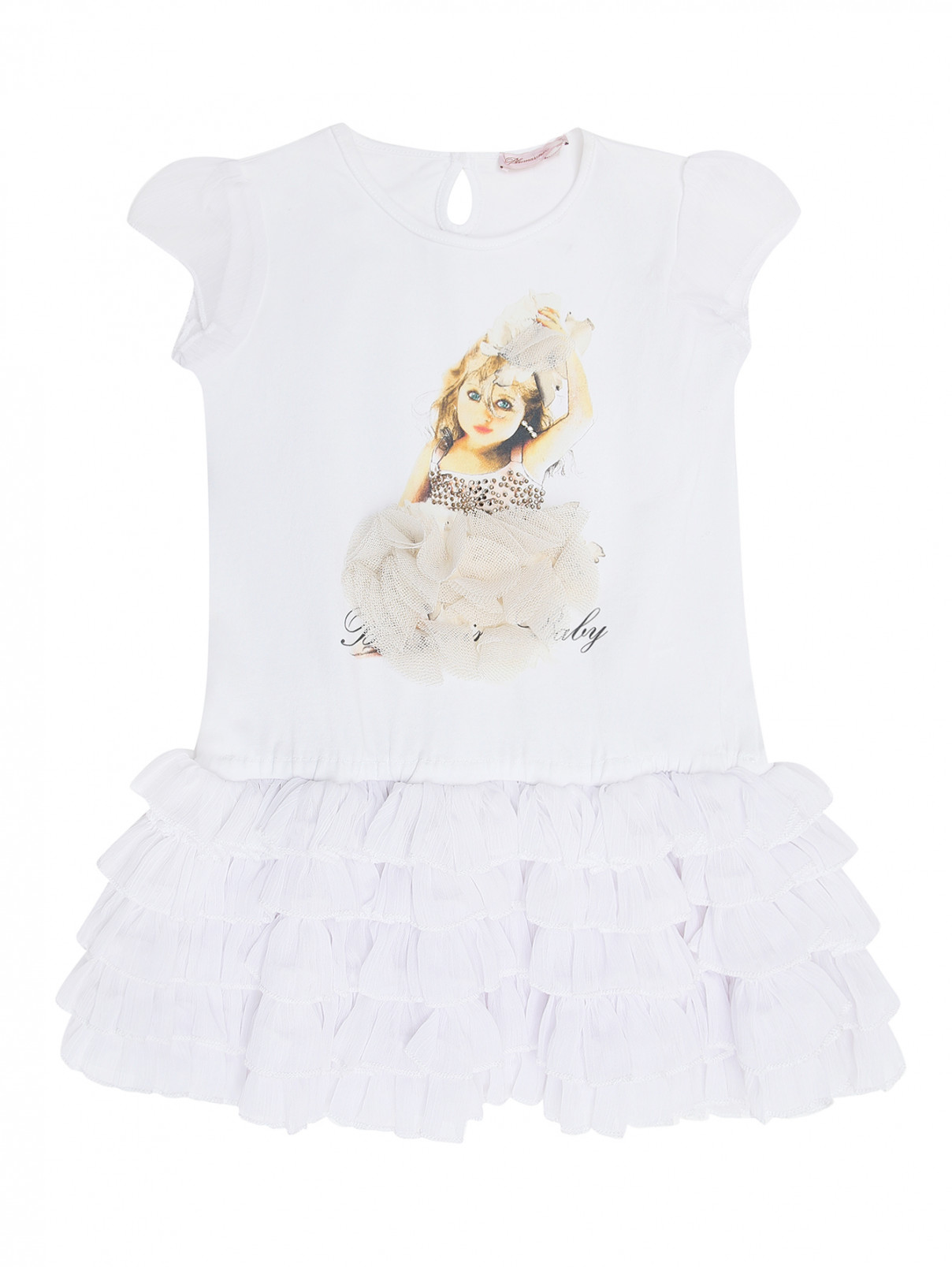 Платье  с оборками и принтом Blumarine baby  –  Общий вид  – Цвет:  Белый