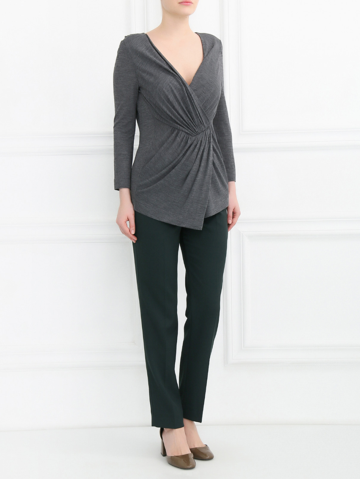 Блуза из смешанной шерсти с драпировкой Alberta Ferretti  –  Модель Общий вид  – Цвет:  Серый