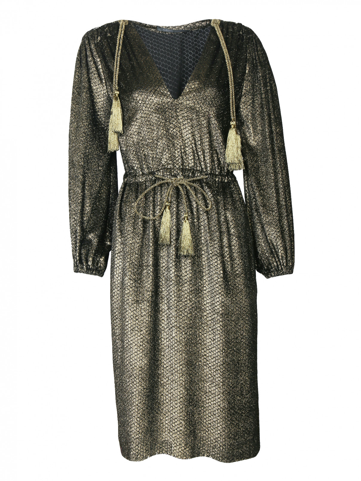 Платье-миди из бархата с открытыми плечами Alberta Ferretti  –  Общий вид  – Цвет:  Металлик