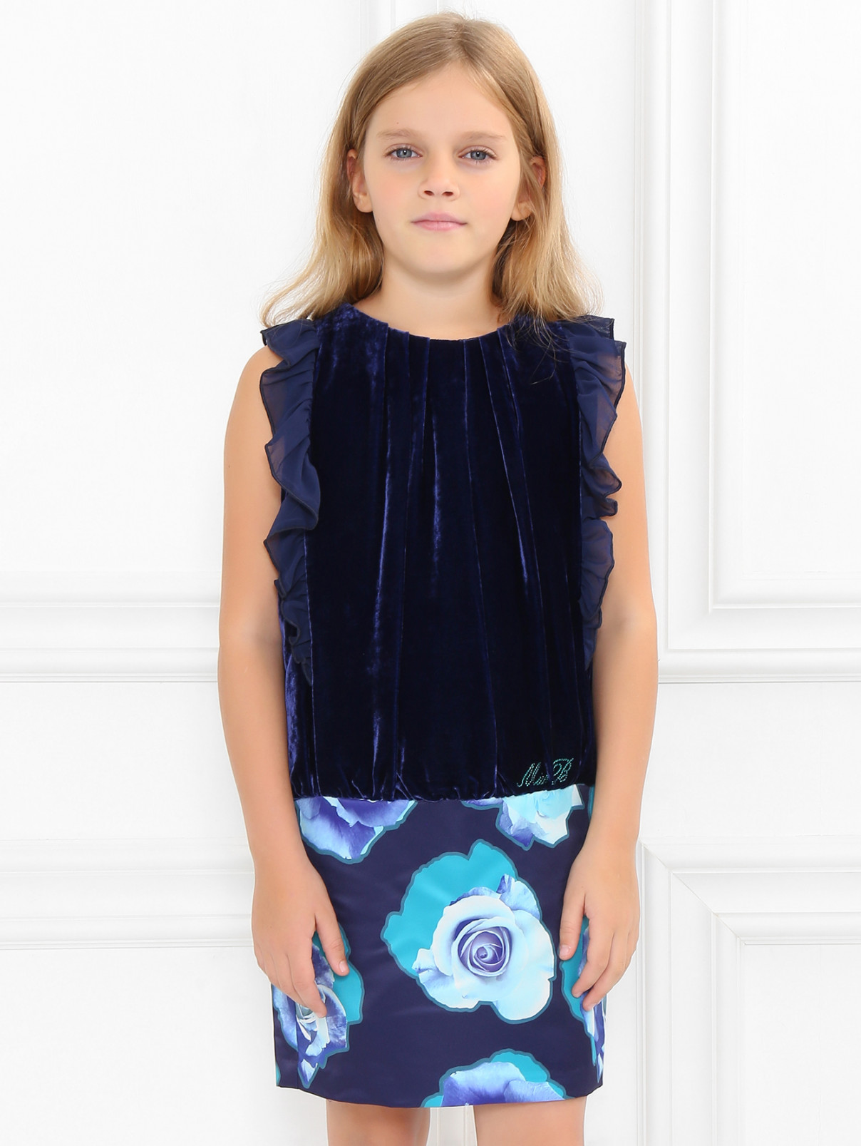Бархатное платье с юбкой с цветочным узором Miss Blumarine  –  Модель Верх-Низ  – Цвет:  Синий