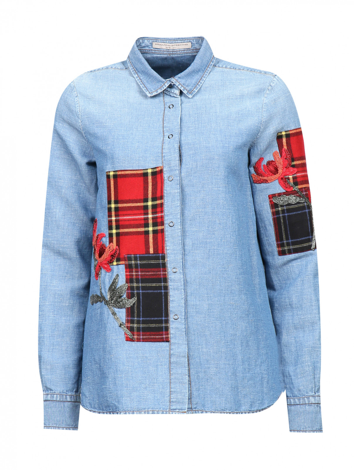 Блуза из хлопка и льна с аппликацией Ermanno Scervino  –  Общий вид  – Цвет:  Синий
