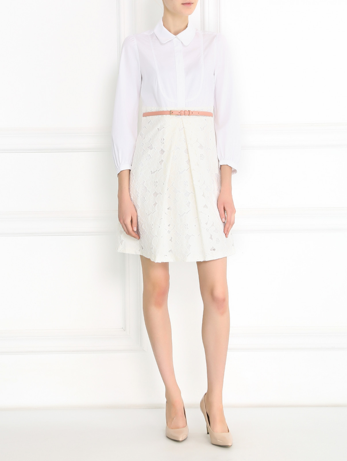 Платье-мини с кружевной юбкой Tara Jarmon  –  Модель Общий вид  – Цвет:  Белый