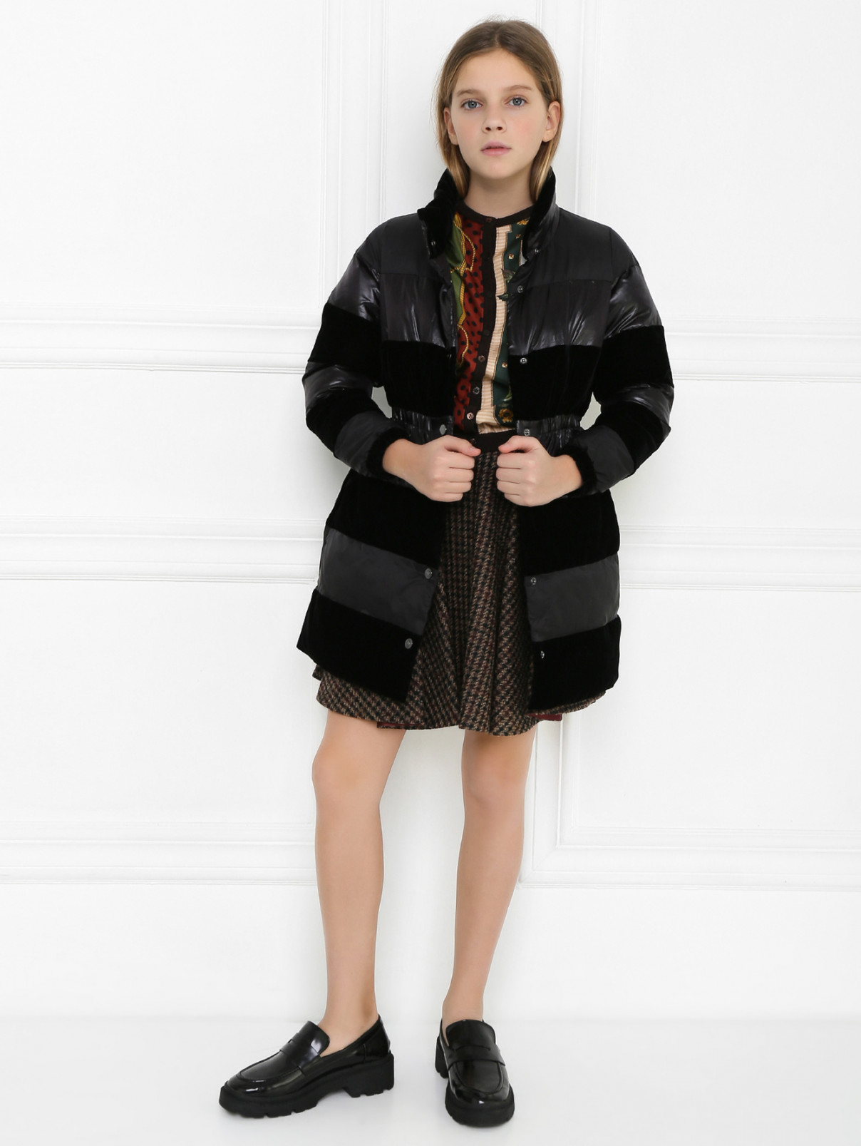 Стеганое пальто из комбинированной ткани Emporio Armani  –  МодельОбщийВид  – Цвет:  Черный
